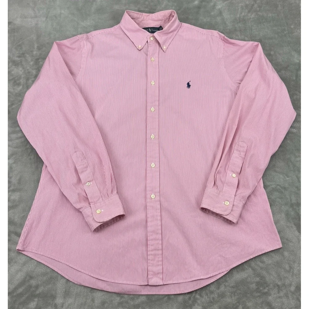 Polo Ralph Lauren Shirt Men 17/43 Pink Striped Back Pleat Button Up Long Sleeve